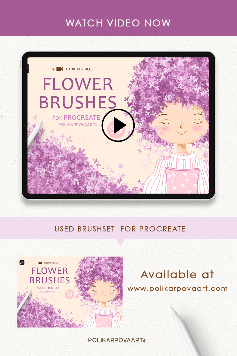 Overview of the "Flower Brushes" Procreate brush set from polikarpovaart