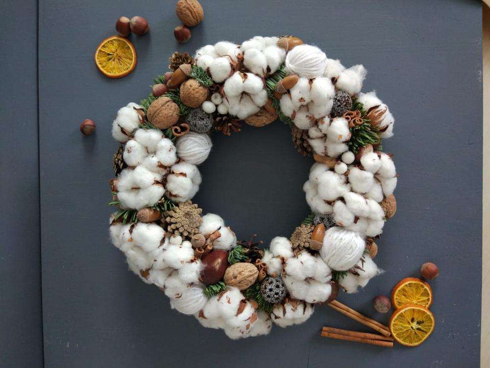 Новогодний мастер-класс ВЕНОК ИЗ ХЛОПКА с натуральным декором