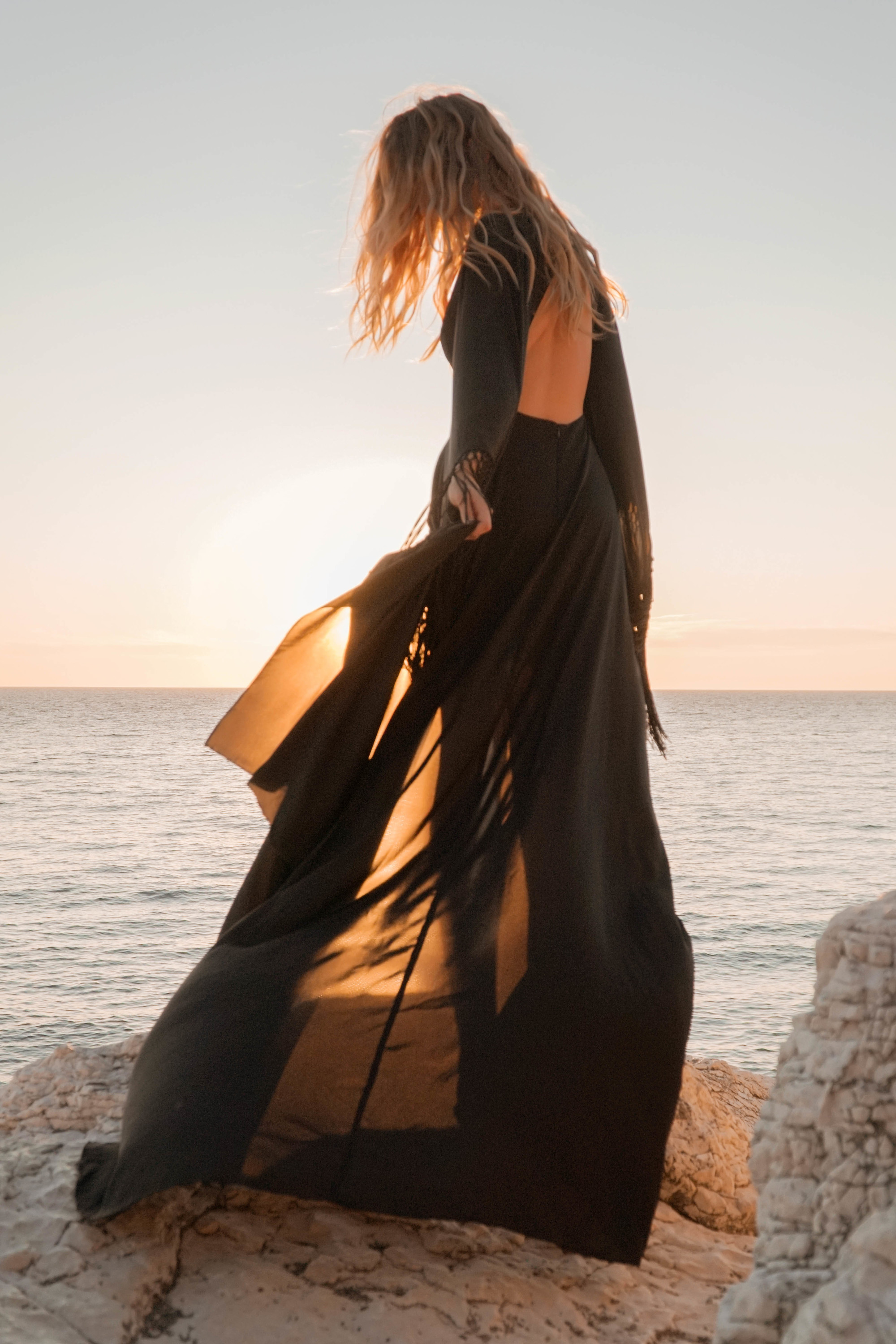 boho wedding dress, black wedding dress, wedding dress fringes