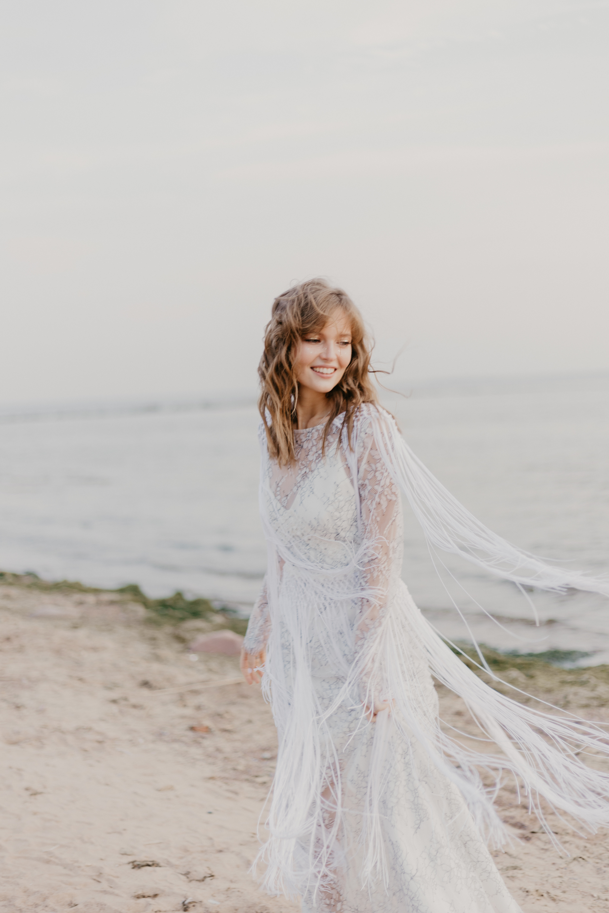 boho wedding dress, lace wedding dress, wedding dress fringes