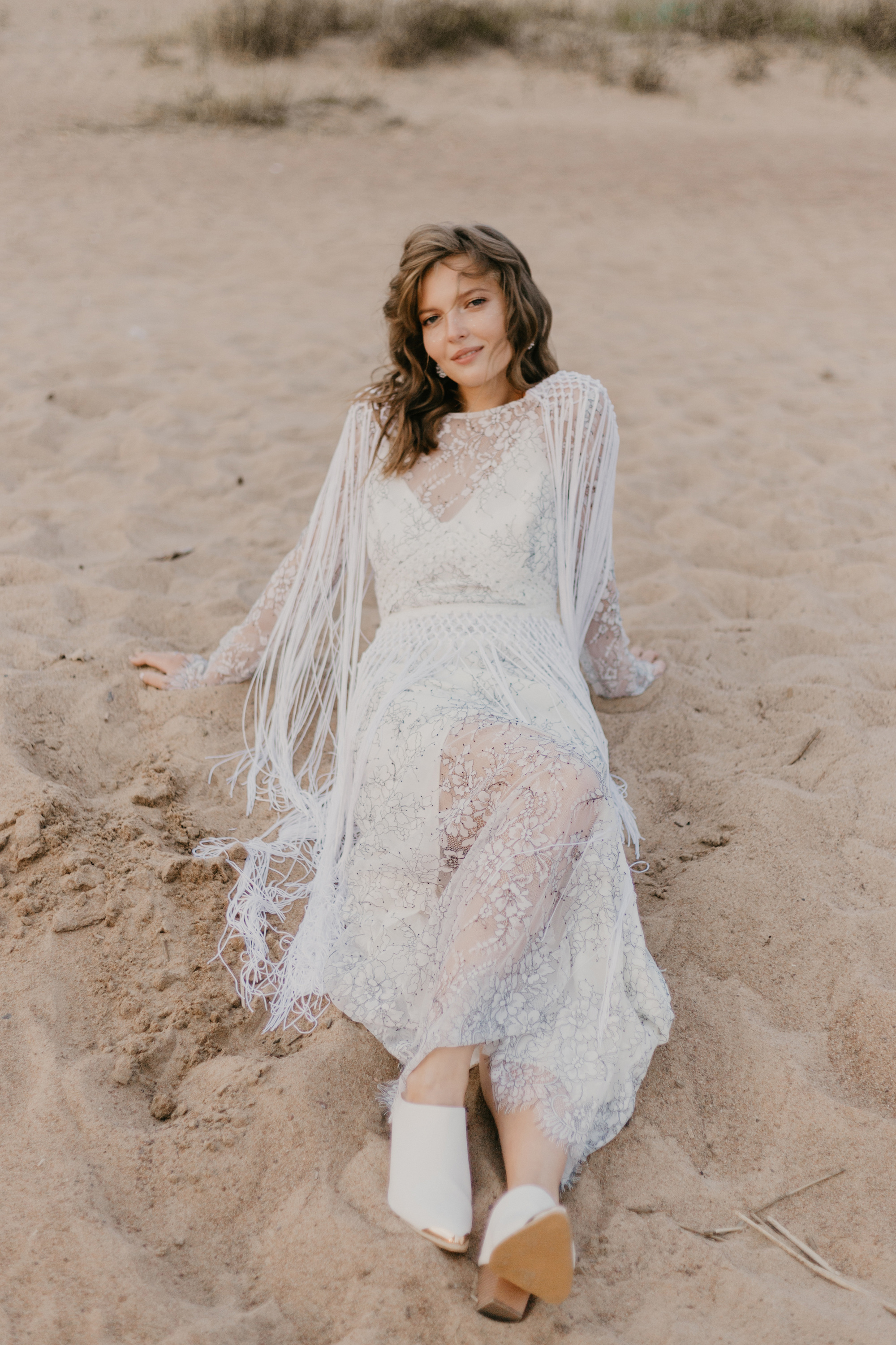 boho wedding dress, lace wedding dress, wedding dress fringes